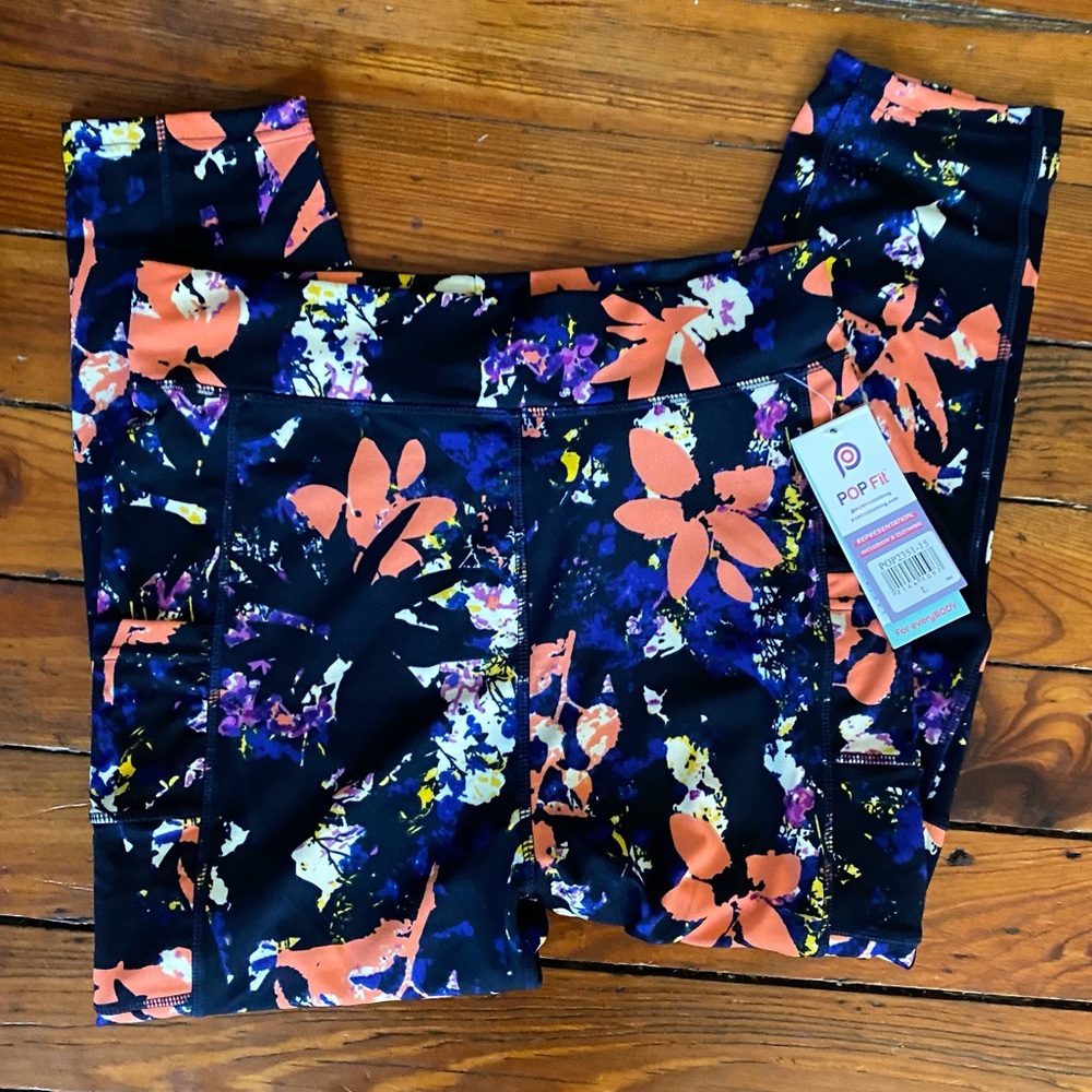 POP Fit Stella Crop Leggings Navy Coral Abstract Floral with Pockets Size Large